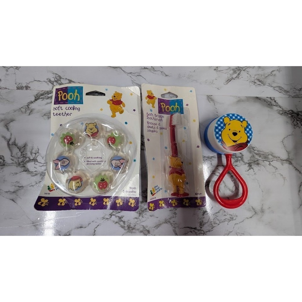 The First Years Pooh Baby Teether Toothbrush Rattle Infant Toy Set New